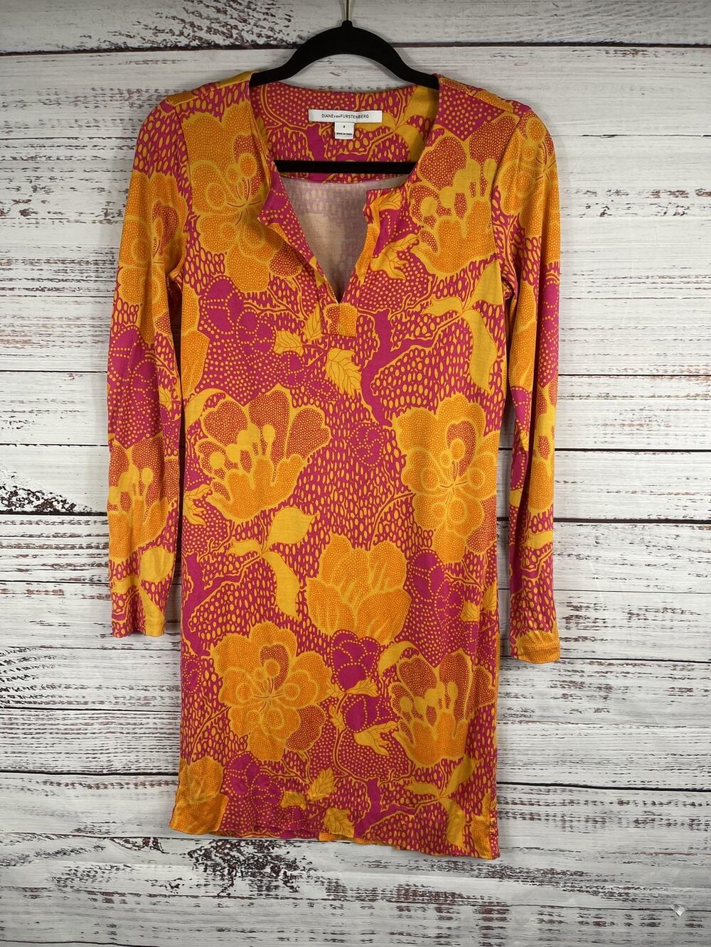 Diane Von Furstenberg Dress Women's 4 Pink Yellow Silk Floral Print Long Sleeve